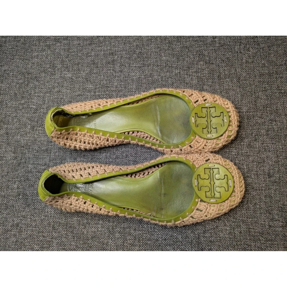 Tory Burch Flats Leather Sole Slip On Shoes Green Beige Knit Women's Size 8M